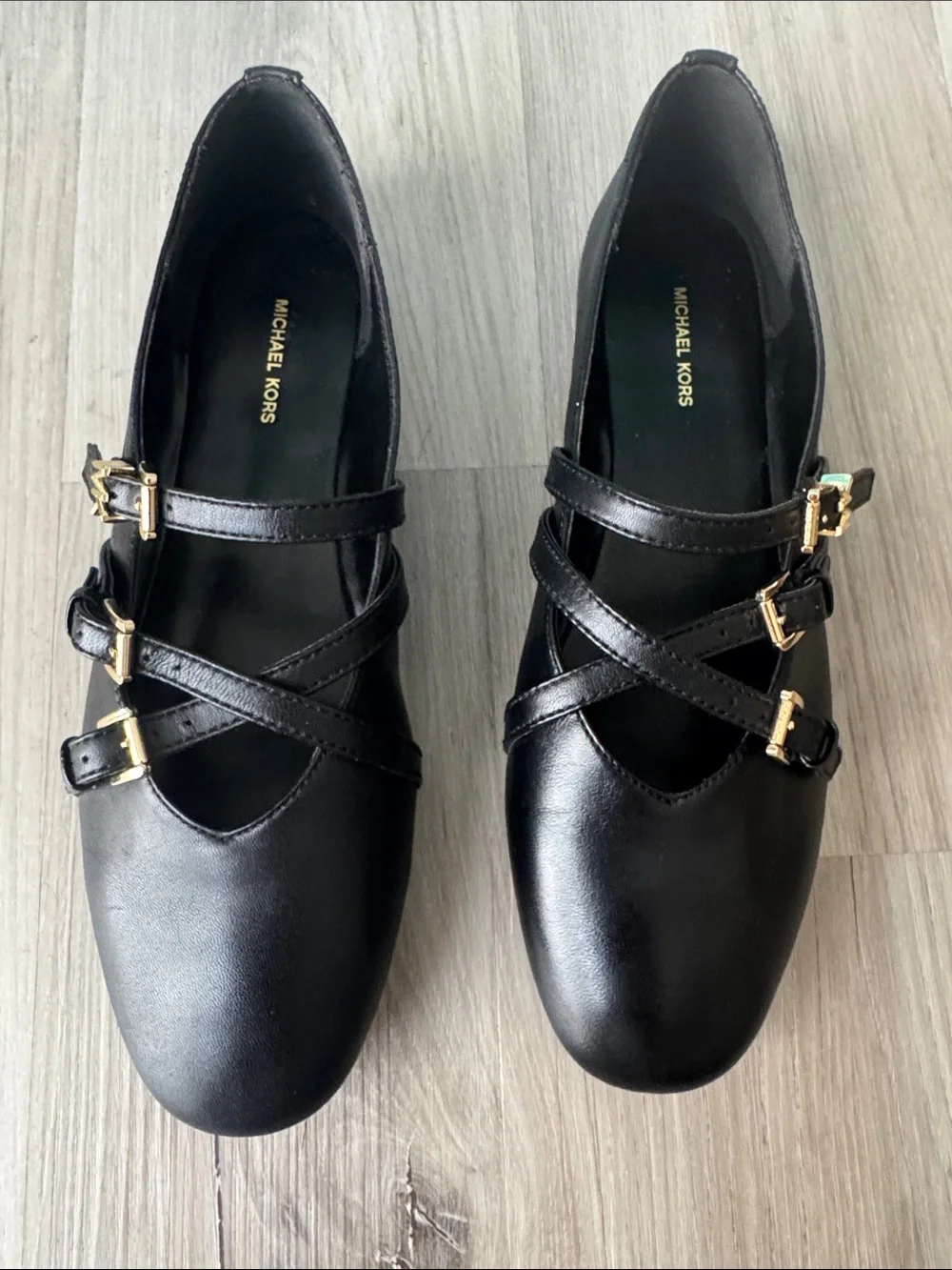Michael Kors Black Triple-Strap Mary Jane Flats with Gold Buckles